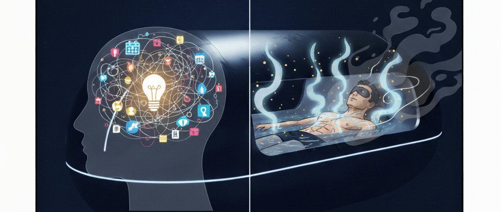 Слева изображён человеческий мозг, а справа плавающий человек.