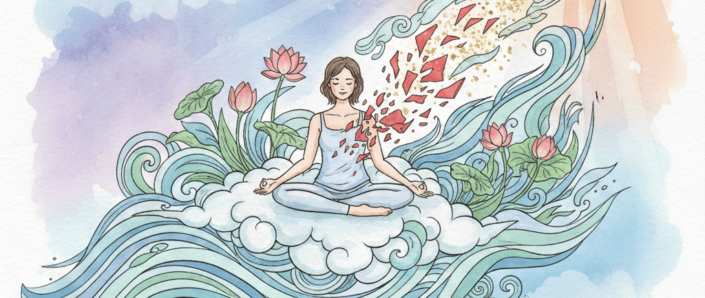 Женщина медитирует, а вокруг течёт вода.