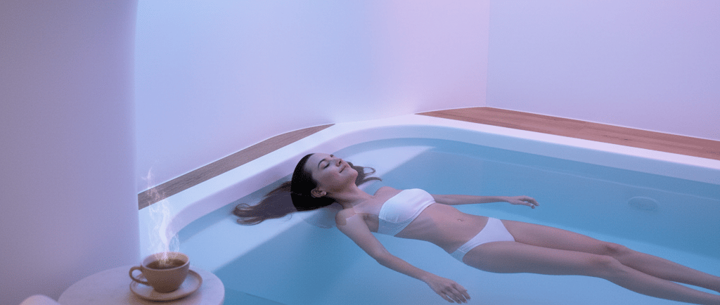 женщина в белом купальнике расслабленно лежит на спине в воде флоатинг-ванны с закрытыми глазами.