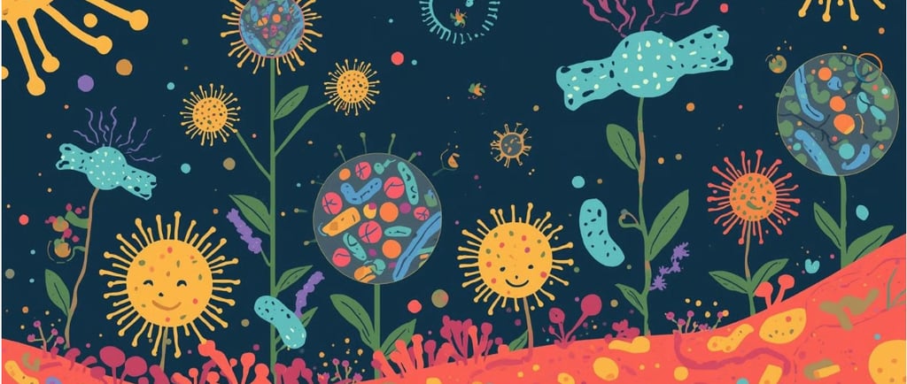 Иллюстрация с разноцветными микробами и бактериями, изображёнными в виде фантазийных растений и форм