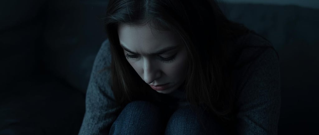 Depressioonis naine istub üksi pimedas ruumis ja vaatab alla, kujutades vaimset tervist ja kurbust.