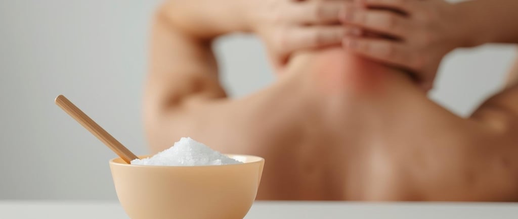 Epsomi soolaga kauss ja inimene, kes hoiab kaelast, kroonilise kaela- ja ülaseljavalu leevendamine.