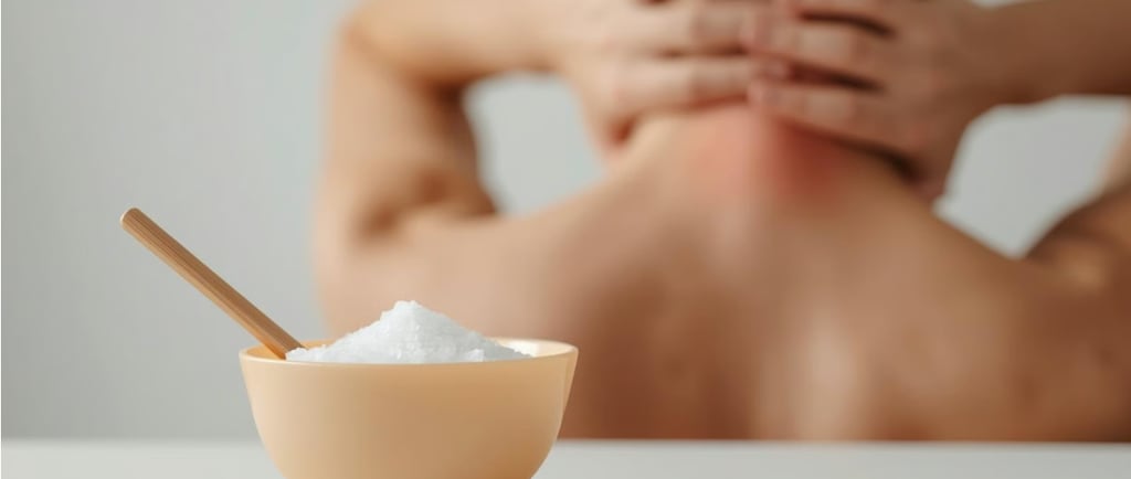 Человек держится за шею, ощущая напряжение или боль. На переднем плане соль, символ расслабления