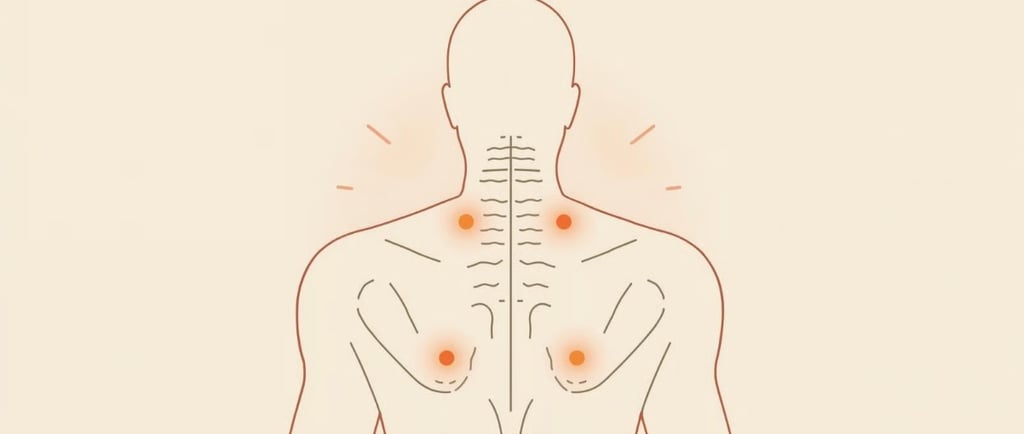 Иллюстрация спины с отмеченными зонами напряжения. Символ мышечной боли и зажатости.