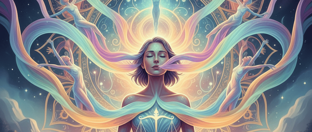 женщина с закрытыми глазами изображена в сияющем пространстве света и мягких переливающихся потоков,