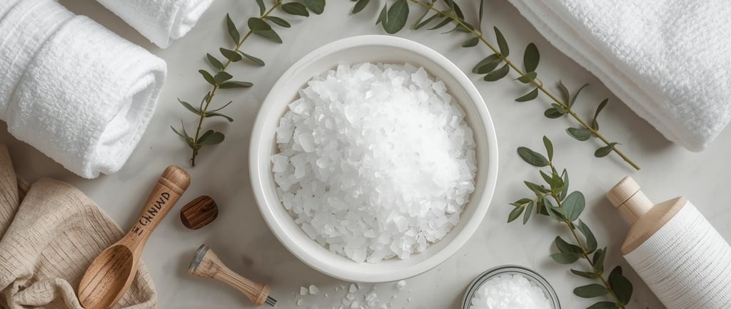 Epsomi sool kausis vannitoa taustal - kasutamine vannis