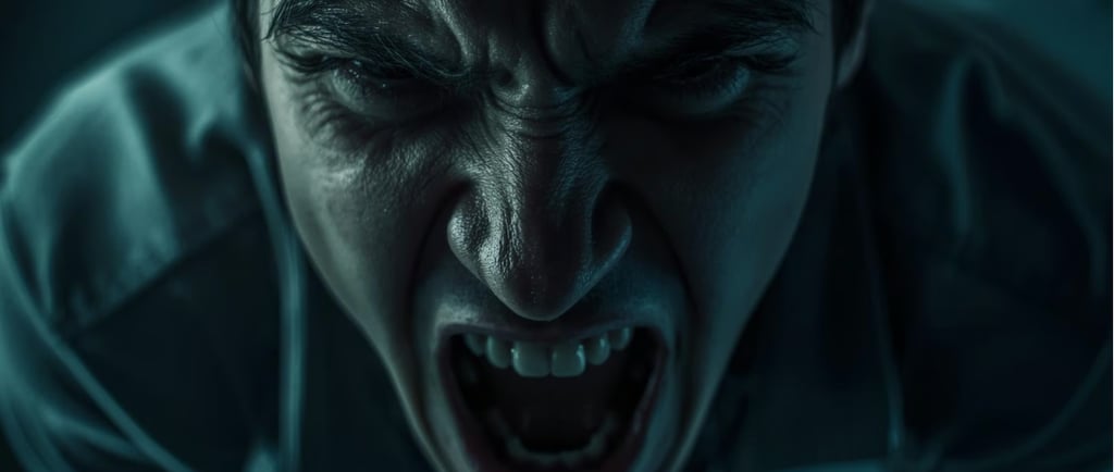Человек кричит, его лицо напряжено и искажено эмоциями. Изображение передаёт сильный стресс, страх