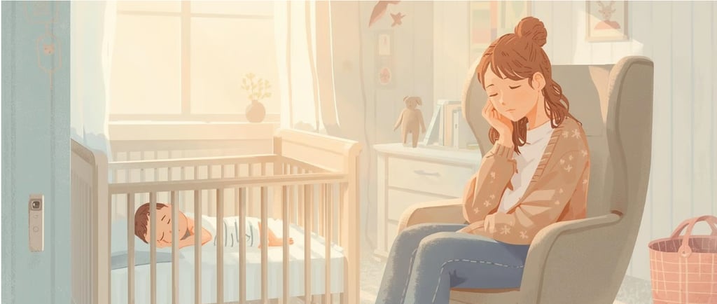 Женщина сидит рядом с детской кроваткой с усталым и подавленным выражением лица. 