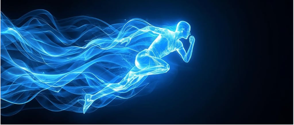 Силуэт человека в движении, выполненный в виде светящейся энергетической формы. Волнообразные линии 