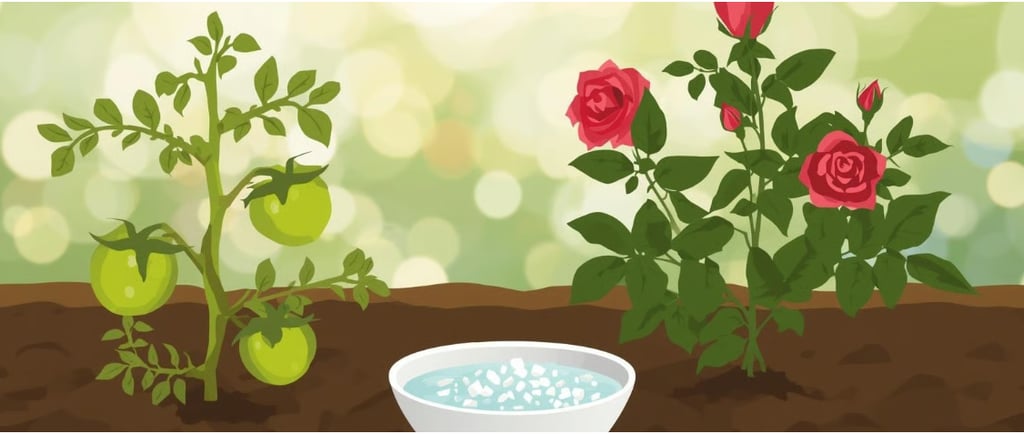 Иллюстрация растений томата и розы, растущих в почве. Рядом показана миска с кристаллами