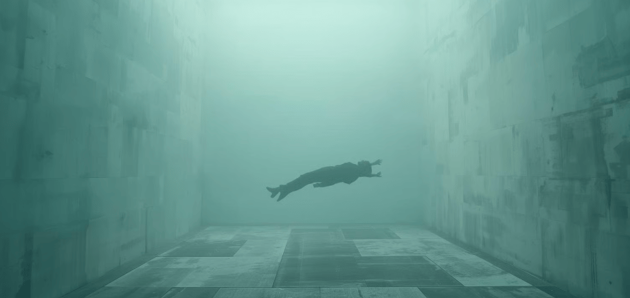 Человек парит в пустом, туманном пространстве, словно невесомый.