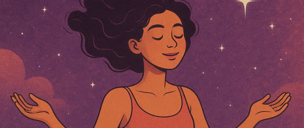 девушка с закрытыми глазами и лёгкой улыбкой стоит с раскрытыми ладонями на фоне звёздного неба.