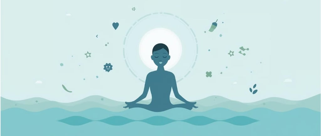 Иллюстрация человека в позе медитации с закрытыми глазами. Вокруг изображены символы