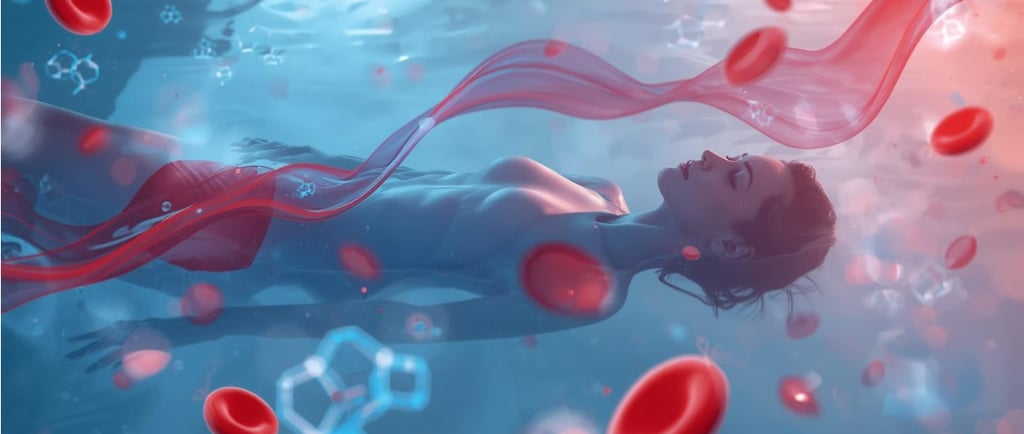 Человек спокойно лежит в воде с закрытыми глазами, вокруг изображены красные кровяные клетки и молек