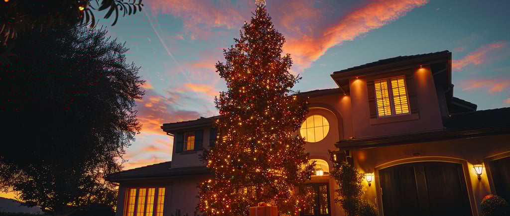 a christmas tree in front of a house with a christmas tree