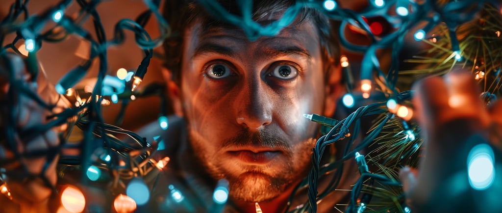 A man with with tangled Christmas lights