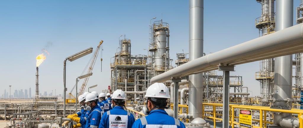 Qatar Energy safety standards followed by workers in industrial area.