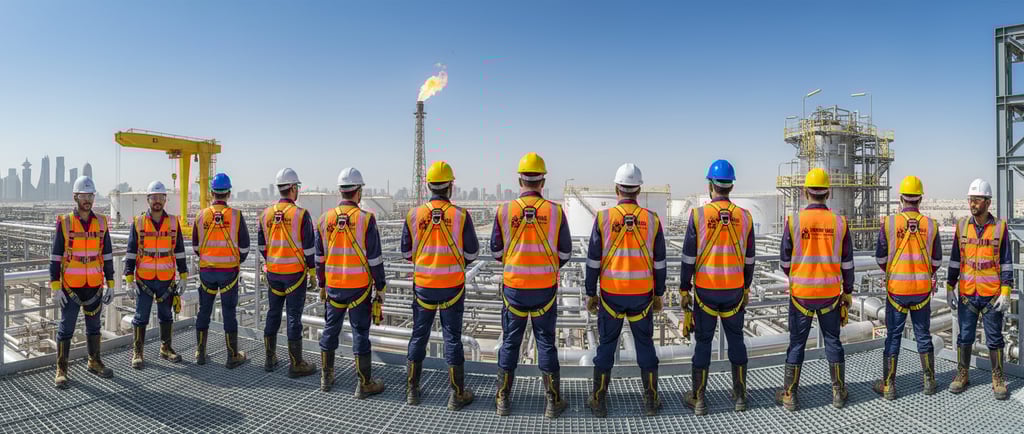 Qatar construction workers wearing helmets, vests, gloves and safety boots.