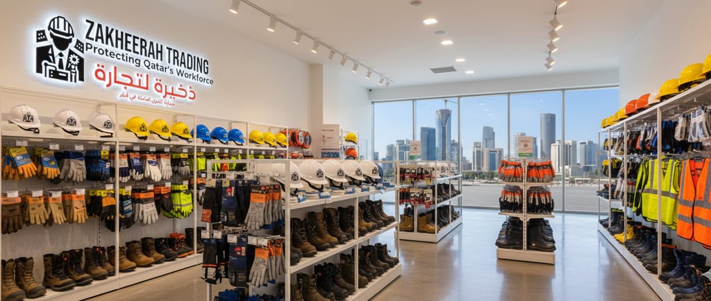PPE store in Qatar with helmets, gloves, and safety gear.