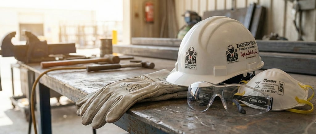 Certified PPE items with safety approval labels in Qata