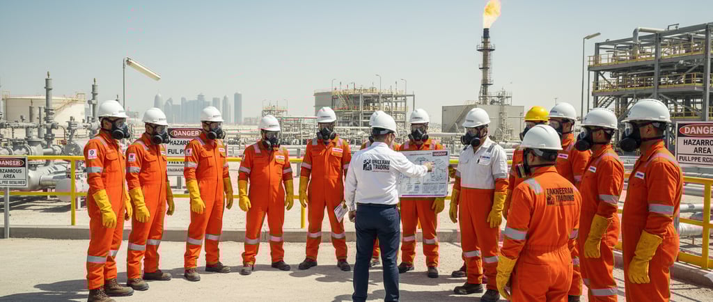 Workers applying Qatar Energy HSE standards at industrial workplaces.