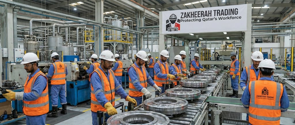Qatar industrial workers wearing helmets, gloves, vests and safety boots.