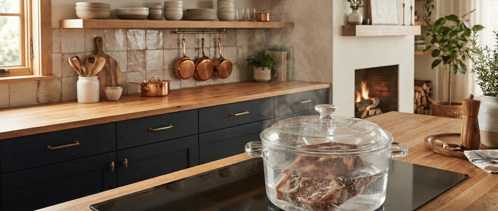 Raw steak cooking in a glass pot on an induction cooktop in a rustic modern kitchen with copper pans.