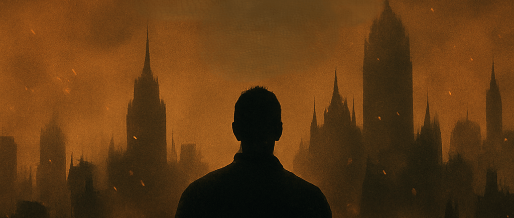 Silhouette of a lone man standing before a burning orange skyline filled with gothic, jagged skyscrapers. The air is thick wi