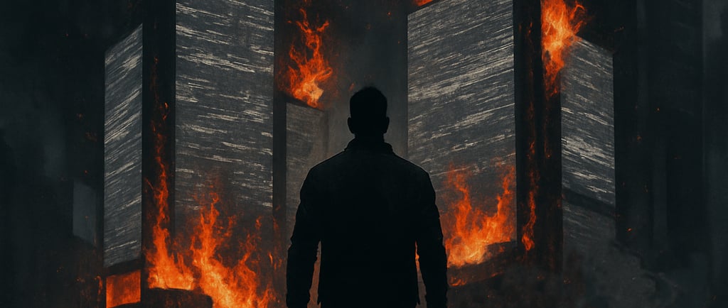 Silhouette of a man standing before towering stacks of burning books, engulfed in flames and smoke. The image evokes themes o