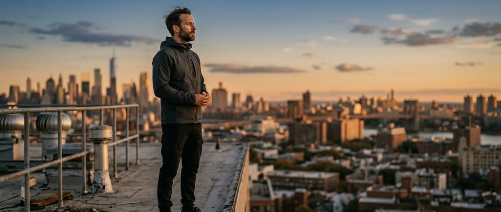 man standing on roof watchin the sunset