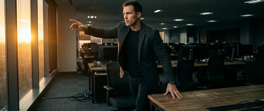 a man standing from desk pointing towards a window
