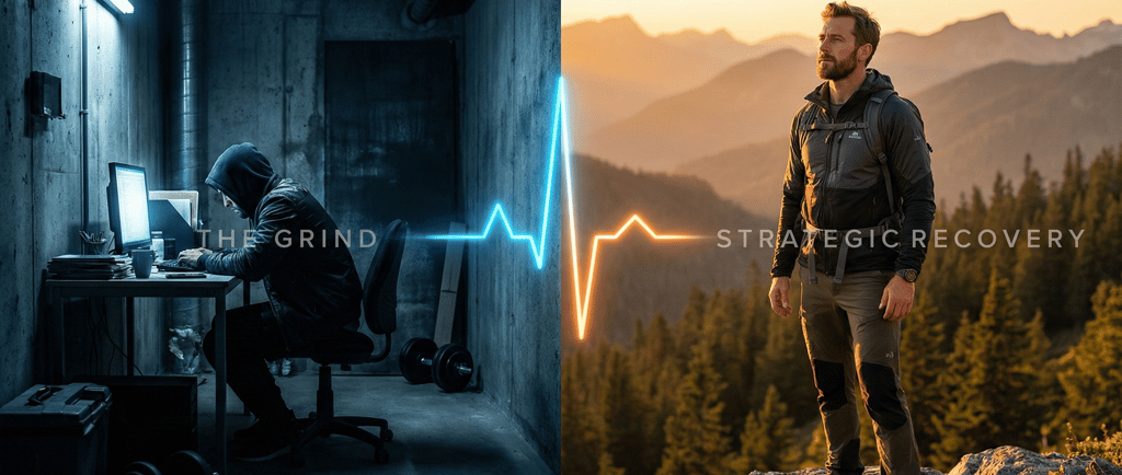 “Split image showing intense work vs. peaceful mountain recovery.