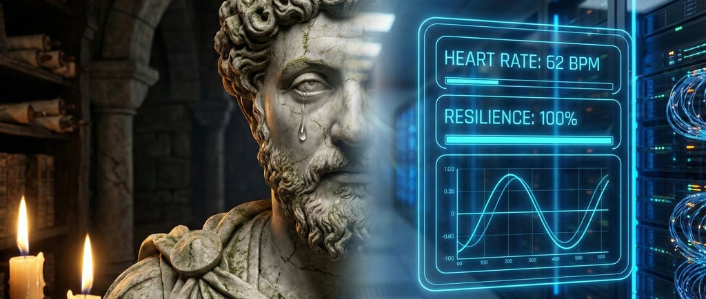 marble image of man on left with future tech on right