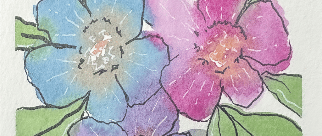 a painting of blue, pink, and purple flowers outlined with black and white on a white background
