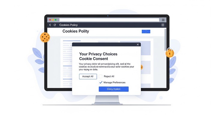 An illustration of a web browser on a desktop computer screen showing a 'Cookies Policy' pop-up with