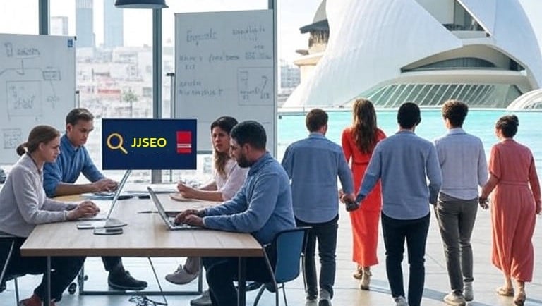 A split-scene image promoting bilingual SEO services for UK expats starting businesses in Spain. 