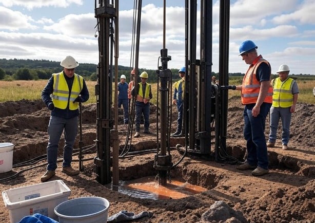 Workers in a borehole drilling site