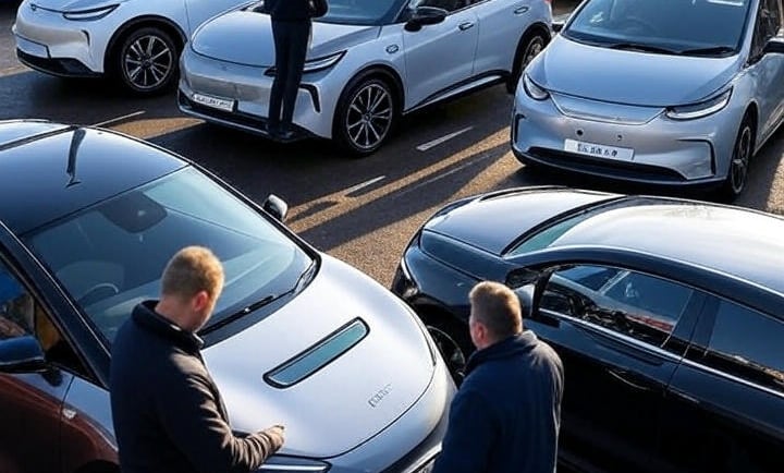 Busy Leeds car dealership showcasing used electric vehicles on a forecourt in 2025, with customers