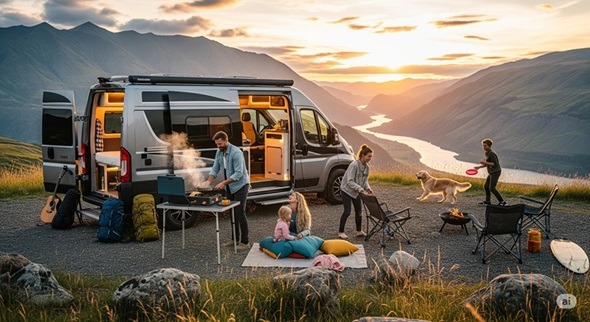 Family enjoying an outdoor adventure with a modern campervan in a scenic landscape at sunset