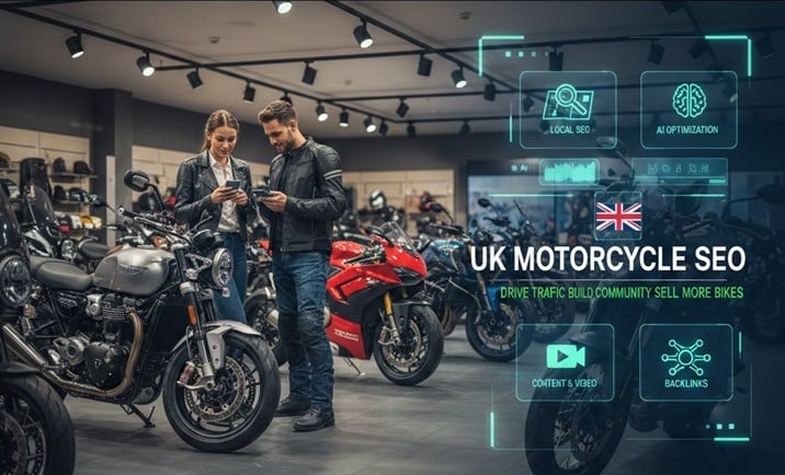 UK motorcycle dealer SEO strategy covering local search, content, and enthusiast marketing.