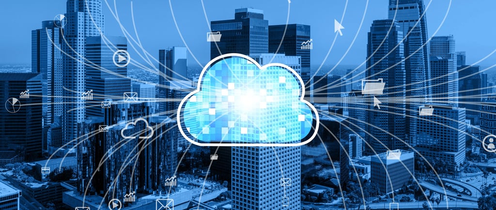 Futuristic smart city skyline illuminated with AI data streams, cloud computing icons