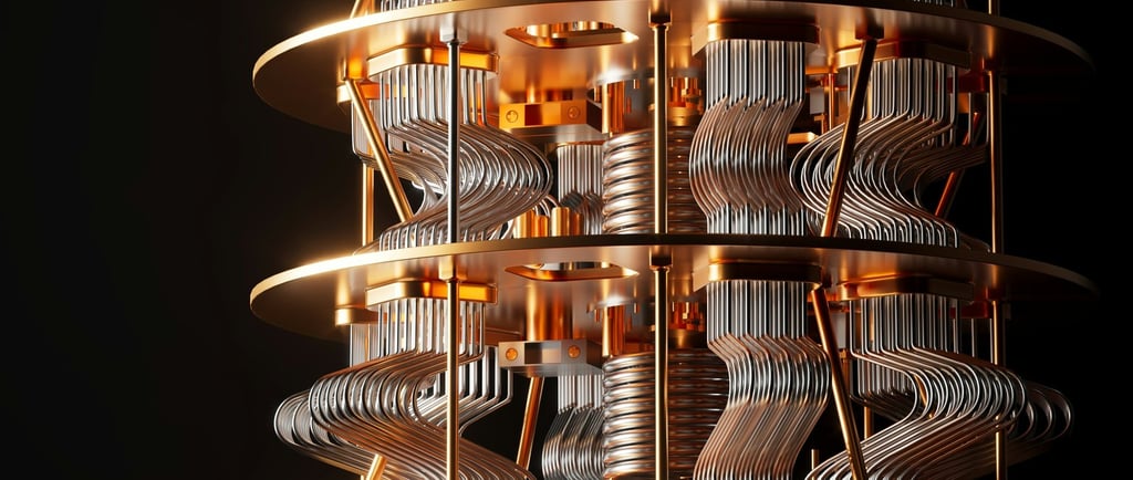 Quantum computer chip inside cryogenic chamber with glowing circuits, representing advancements.