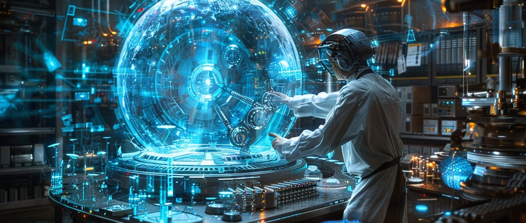 Scientist operating quantum computer generating a glowing time portal with energy particles.