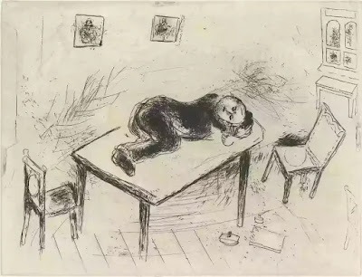 Almas Mortas - Um cochilo espartano, (Tchitchikov dormia no escritório). Por: Marc CHAGALL