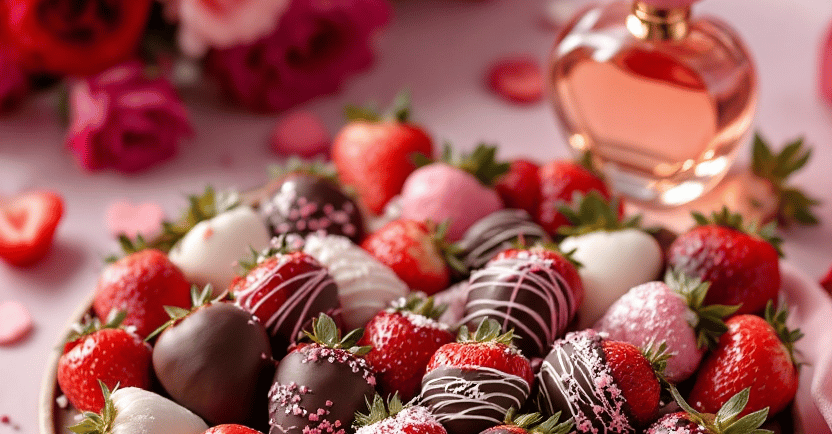 a heart shaped chocolate covered plate with chocolate covered strawberries.