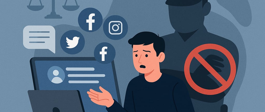 sujeto revisando redes sociales y mensajes, mientras la policía lo vigila por detrás