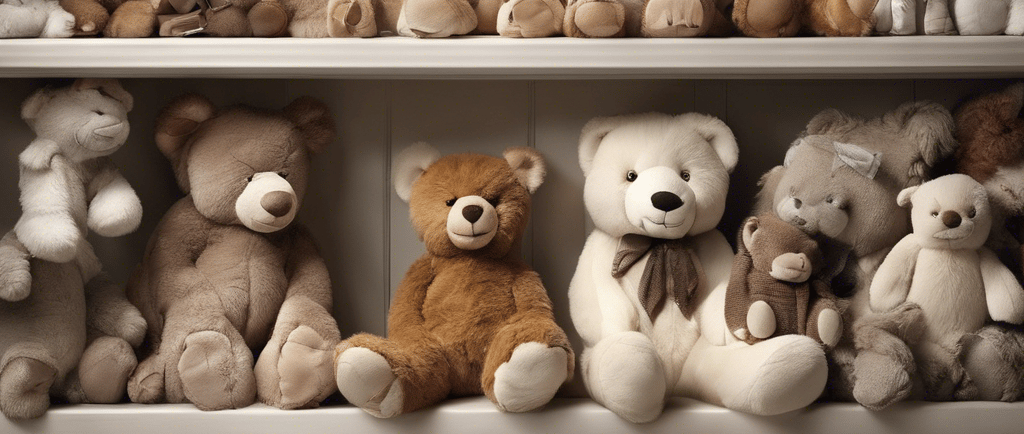 shelf filled with cuddly toys and bear and animal toys
