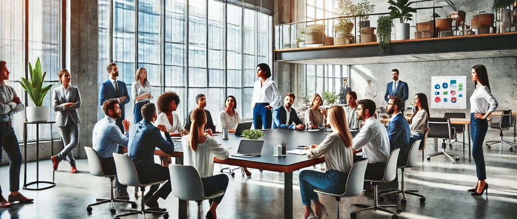 A diverse team collaborating with their leader in a modern workspace.