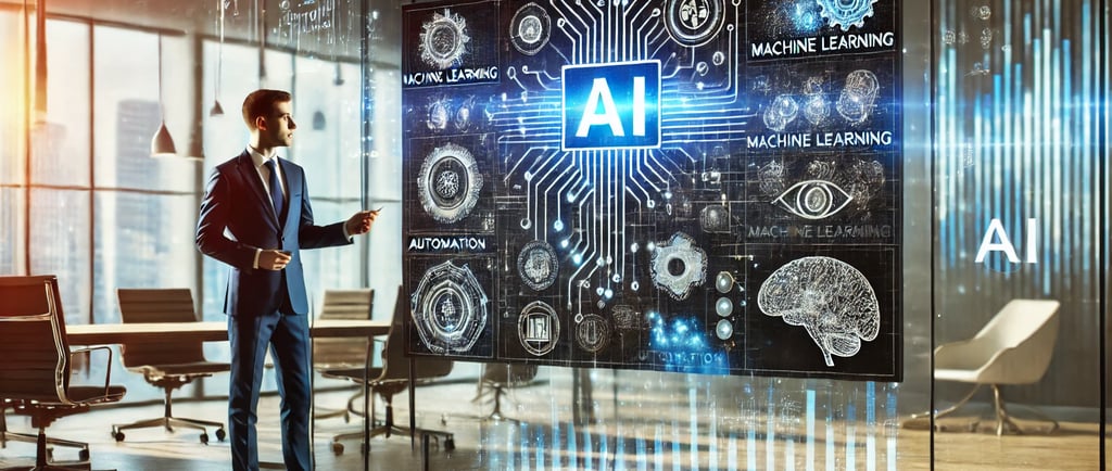 A business leader presenting AI strategies to their team with futuristic visuals.