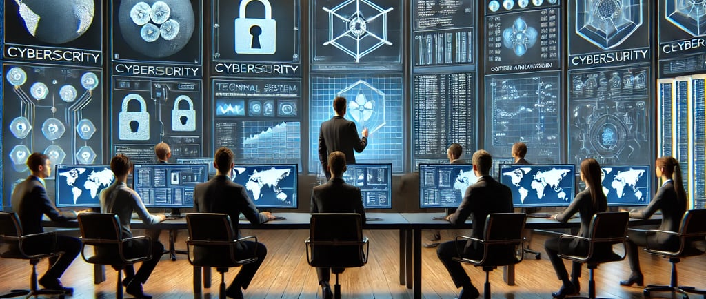 A cybersecurity leader balancing technical expertise and leadership in a presentation.